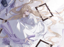  1girl absurdly_long_hair barefoot blonde_hair bouquet commentary dress empty_picture_frame feet flower highres kyuumura lantern layered_dress light_blush lilac long_hair long_sleeves looking_at_viewer lying on_side original petticoat picture_frame puffy_long_sleeves puffy_sleeves purple_eyes solo symbol-only_commentary toes very_long_hair white_dress 