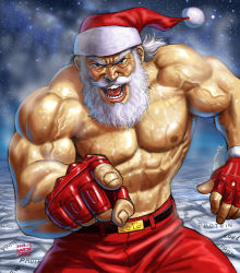 1boy 2018 :d beard black_eyes cat christmas commentary_request cowboy_shot dated epic facial_hair fingerless_gloves fingernails gloves looking_at_viewer male_focus manly matataku muscular mustache night night_sky old old_man open_mouth original pants pointing pointing_at_viewer red_gloves red_pants sanpaku santa_claus signature sky smile snow solo standing star_(sky) starry_sky surprised_cat_(matataku) sweat veins white_hair rating:Sensitive score:12 user:danbooru