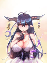 1girl bandages bandaged_arm bandages black_hair blush bow_(bhp) breasts cleavage danua draph dress granblue_fantasy highres horn_ornament horns large_breasts long_hair photoshop_(medium) pointy_ears revision solo white_dress rating:Sensitive score:12 user:danbooru