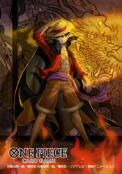 1boy abs black_cape black_hair cape clenched_hand commentary_request copyright_name fire flip-flops hand_on_headwear hat looking_at_viewer male_focus monkey_d._luffy official_art one_piece one_piece_card_game open_clothes open_shirt orange_shorts purple_sash red_shirt sandals sash scar scar_on_chest shirt short_hair shorts smile solo straw_hat tsutsui_misa 