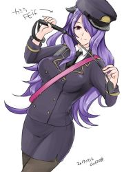  1girl alternate_costume breasts camilla_(fire_emblem) collared_shirt fire_emblem fire_emblem_fates hair_over_one_eye hat large_breasts looking_at_viewer mutsuki_yui necktie nintendo pantyhose pencil_skirt purple_eyes purple_hair shirt skirt smile solo upper_body 