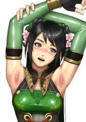 1girl armpit_focus armpit_hair armpits arms_up asian black_hair blush breasts covered_erect_nipples elbow_gloves gloves green_gloves guan_yinping highres koukoupunch long_hair presenting_armpit sangoku_musou_1 shin_sangoku_musou simple_background small_breasts smell solo sweat upper_body white_background