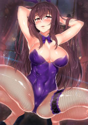 1girl animal_ears armpits arms_behind_head arms_up ass bare_shoulders blush bow bowtie breasts bridal_garter cleavage collarbone covered_navel detached_collar fake_animal_ears fate/grand_order fate_(series) fishnet_pantyhose fishnets hair_between_eyes highres kawai_(purplrpouni) large_breasts leotard long_hair looking_at_viewer official_alternate_costume pantyhose parted_lips playboy_bunny purple_bow purple_bowtie purple_hair purple_leotard rabbit_ears rabbit_girl red_eyes scathach_(fate) scathach_(piercing_bunny)_(fate) smile solo spread_legs squatting thighs wrist_cuffs rating:Sensitive score:30 user:danbooru
