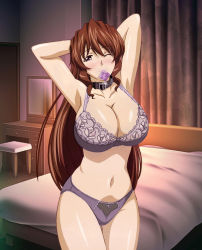  1girl abe_tatsuya arisaka_hatsune arms_behind_head bed blue_eyes blush bra breasts brown_hair cleavage collar condom condom_in_mouth highres huge_breasts lace lace-trimmed_bra lace-trimmed_panties lace_trim lingerie long_hair mouth_hold one_eye_closed panties purple_bra purple_panties smile solo third-party_edit tona-gura! underwear underwear_only wink  rating:Questionable score:101 user:danbooru
