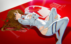 1girl absurdres artist_request ass blue_eyes bodysuit breasts brown_hair covered_navel covering_privates covering_breasts curvy evangelion:_3.0+1.0_thrice_upon_a_time full_body hair_between_eyes hair_down highres looking_to_the_side lying medium_breasts neon_genesis_evangelion plugsuit rebuild_of_evangelion skin_tight solo souryuu_asuka_langley torn_clothes twintails white_bodysuit wide_hips rating:Sensitive score:17 user:fakyuh
