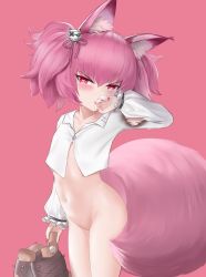  1girl animal_ear_fluff animal_ears arknights arm_up bottomless covering_own_mouth fox_ears fox_tail groin hand_to_own_mouth heart heart-shaped_pupils heart_in_eye loli long_hair nail_polish navel pink_background pink_eyes pink_hair shamare_(arknights) shirt simple_background solo stuffed_animal stuffed_toy symbol-shaped_pupils symbol_in_eye tail thighs torn_clothes torn_shirt two_side_up white_shirt zhifeng  rating:Questionable score:71 user:danbooru