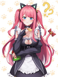 1girl :t ? ?? absurdres animal_ear_headphones animal_ears apron axent_wear bare_shoulders bell black_choker black_dress black_gloves blue_eyes breasts cat_cutout cat_ear_headphones chips_(food) choker cleavage cleavage_cutout clothing_cutout dress eating elbow_gloves fake_animal_ears fingerless_gloves food frilled_dress frills gloves headphones highres holding jingle_bell large_breasts long_hair looking_at_viewer maid maid_apron original pink_hair potato_chips setsurimu_(pro_viden) sleeveless sleeveless_dress solo two_side_up very_long_hair waist_apron rating:Sensitive score:5 user:danbooru