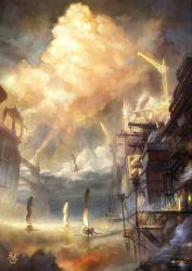 ag+_(atelieriji) aircraft airship bridge building cloud commentary_request crane_(machine) doorway fantasy flying harbor launching lighthouse no_humans original outdoors power_lines rooftop sail scaffolding scenery signature sky stairs utility_pole window rating:General score:11 user:danbooru