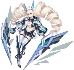  1girl ahoge aqua_eyes armband artist_request bare_shoulders belt belt_buckle black_gloves black_hood black_hoodie black_skirt black_sleeves blonde_hair buckle character_request cropped_hoodie drill_hair final_gear gloves hair_between_eyes hair_ornament highres hood hoodie long_hair looking_at_viewer mecha_musume midriff multicolored_footwear navel official_art partially_fingerless_gloves see-through see-through_sleeves sidelocks simple_background skirt sports_bra tachi-e thighhighs third-party_source transparent_background twin_drills two-tone_bra very_long_hair white_belt white_thighhighs 