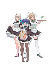  3girls :t alternate_costume apron black_footwear blue_eyes blue_fire blue_hair blue_ribbon bow breasts brown_dress brown_eyes brown_footwear brown_hair brown_pantyhose closed_mouth collared_dress commentary cup dress drinking_glass enmaided eunie_(xenoblade) feathered_wings fiery_hair fire frilled_apron frills gradient_hair green_bow grey_footwear grey_hair head_wings hehe_jun high_heels highres holding holding_tray long_hair maid maid_apron medium_breasts mio_(xenoblade) multicolored_hair multiple_girls neck_ribbon pantyhose pleated_dress pout purple_hair ribbon sena_(xenoblade) shoes side_ponytail simple_background smile standing thighhighs tray white_apron white_background white_thighhighs white_wings wings xenoblade_chronicles_(series) xenoblade_chronicles_3 yellow_bow 