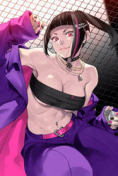 1girl alternate_costume artist_name artist_request bad_id bad_twitter_id bare_shoulders belt black_choker black_hair black_nails breasts capcom choker cleavage closed_mouth collarbone ear_piercing earrings female_focus han_juri hand_wraps jacket jacket_partially_removed jewelry large_breasts long_sleeves looking_at_viewer multicolored_hair multicolored_nails navel_piercing necklace pants piercing pink_belt pink_eyes pink_nails ponytail purple_hair purple_jacket purple_pants sidelocks sitting smile solo streaked_hair street_fighter twitter_username two-tone_hair  rating:Sensitive score:20 user:Groveman