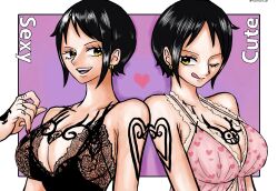  2girls babydoll black_hair border breast_tattoo breasts cleavage dual_persona earrings finger_tattoo genderswap genderswap_(mtf) hand_tattoo heart heart_print highres jewelry lace-trimmed_babydoll lace_trim large_breasts looking_at_another multiple_girls namnam_op one_eye_closed one_piece red_nails sexy_or_cute? short_hair shoulder_tattoo smile tattoo teeth tongue tongue_out trafalgar_law yellow_eyes 