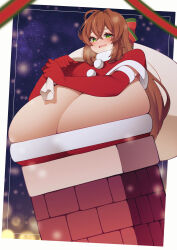  1girl absurdres bag blurry blurry_foreground blush breasts brown_hair chimney cleavage dress dutch_angle eyelashes female_focus gigantic_breasts gloves green_eyes highres holding holding_bag inconvenient_breasts long_hair looking_at_viewer night open_mouth original red_dress red_gloves santa_costume skindentation sky solo star_(sky) starry_sky stuck tears yasume_(cheap_melon_soda) 