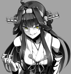  1girl absurdres ahoge bare_shoulders breasts detached_sleeves double_bun ebiblue gesugao greyscale hair_bun hairband hand_up headgear highres japanese_clothes kantai_collection kongou_(kancolle) kongou_kai_ni_(kancolle) long_hair looking_at_viewer monochrome nontraditional_miko open_mouth school_uniform shaded_face slit_pupils smile solo spot_color yellow_eyes  rating:Questionable score:13 user:danbooru