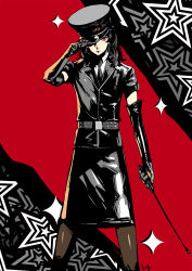  10s 1boy alternate_costume amamiya_ren bad_id bad_pixiv_id belt black_gloves black_hair black_jacket black_necktie black_skirt brown_pantyhose closed_mouth club3 collared_shirt commentary_request crossdressing elbow_gloves gloves hand_on_headwear hand_up hat highres jacket leather legs_apart looking_at_viewer male_focus necktie pantyhose peaked_cap persona persona_5 persona_5:_dancing_star_night persona_dancing red_background red_eyes riding_crop shirt signature skirt solo standing trap uniform white_shirt wing_collar  rating:Sensitive score:17 user:danbooru