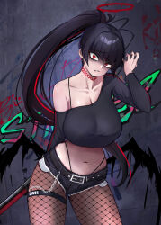  alternate_breast_size alternate_costume alternate_hairstyle angry black_hair blue_archive breasts gun halo highres holding holding_weapon huge_breasts long_hair ponytail red_eyes sakiyuro shotgun tsurugi_(blue_archive) weapon wings 