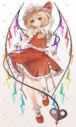 1girl ascot blonde_hair bobby_socks buttons closed_mouth clothing_cutout commentary_request crystal drill_hair flandre_scarlet flat_chest frilled_shirt_collar frills full_body haruki_(colorful_macaron) hat hat_ribbon holding holding_polearm holding_weapon laevatein light_blush looking_at_viewer midriff_peek mob_cap one_side_up petticoat pointy_ears polearm puffy_short_sleeves puffy_sleeves red_eyes red_footwear red_ribbon red_skirt red_vest ribbon short_hair short_sleeves shoulder_cutout simple_background skirt smile socks solo standing standing_on_one_leg touhou twitter_username vest weapon white_background white_hat wings wrist_cuffs yellow_ascot