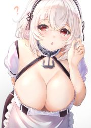 1girl :o ? absurdres anchor_choker apron azur_lane blush breasts choker cleavage collarbone commentary_request crossed_bangs downblouse frilled_apron frilled_choker frills gradient_background grey_background hair_between_eyes hairband hanging_breasts highres lace-trimmed_hairband lace_trim large_breasts leaning_forward looking_at_viewer mizuno_tera open_mouth puffy_short_sleeves puffy_sleeves red_eyes short_hair short_sleeves simple_background sirius_(azur_lane) solo waist_apron white_apron white_background white_hair rating:Sensitive score:22 user:danbooru