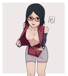 1girl absurdres aldwelter black_eyes black_hair black_sleeves blush border boruto:_naruto_next_generations breasts collarbone detached_sleeves glasses grey_background grey_shorts highres jacket leaning_forward long_sleeves looking_at_viewer medium_hair naruto_(series) nipples open_clothes open_jacket parted_bangs red-framed_eyewear red_jacket short_shorts shorts sketch small_breasts smile solo standing straight_hair sweatdrop tongue tongue_out uchiha_sarada white_border rating:Questionable score:325 user:danbooru