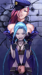  2girls bare_shoulders blue_hair braid fingerless_gloves gloves height_difference highres hoshara hug hug_from_behind jewelry jinx_(league_of_legends) league_of_legends looking_at_viewer middle_finger multiple_girls necklace open_mouth pink_eyes pink_hair police police_uniform purple_eyes siblings sisters twintails uniform vi_(league_of_legends)  rating:Sensitive score:56 user:danbooru