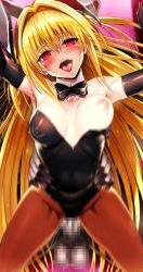 1boy 1girl abs animal_ears arm_support armpits bare_shoulders blonde_hair blush bouncing_breasts bow bowtie breasts censored clothed_female_nude_male covered_erect_nipples dark_skin elbow_gloves eyebrows fake_animal_ears fishnet_pantyhose fishnets gloves groin happy happy_sex hetero highres interracial konjiki_no_yami legs leotard long_hair looking_at_viewer mosaic_censoring navel nipples nude nyamota one_breast_out open_mouth pantyhose penis playboy_bunny rabbit_ears red_eyes saliva saliva_trail sex small_breasts smile solo_focus spread_legs standing strapless sweat thighs to_love-ru torso_grab vaginal rating:Explicit score:70 user:Ynyswydryn