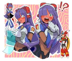 !? 1boy 1girl armor blonde_hair blush capcom clenched_hands confused covering_face crossed_arms embarrassed flustered full-face_blush gloves green_eyes hair_over_one_eye highres layer_(mega_man) legs long_hair looking_at_viewer mega_man_x_(series) midriff navel open_mouth own_hands_together parted_lips ponytail purple_hair smile surprised thighs zero_(mega_man)