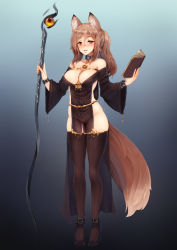 1girl animal_ears arm_belt barbariank bare_shoulders book borrowed_character breasts brown_hair collar collarbone commentary commission english_commentary fox_ears fox_girl fox_tail full_body gradient_background high_heels highres holding holding_book holding_staff jewelry kiyone kiyone_(psychofox) large_breasts long_hair looking_at_viewer no_panties off_shoulder orange_eyes original parted_lips pelvic_curtain ponytail revealing_clothes simple_background slit_pupils smile solo staff tail thighhighs wide_sleeves rating:Sensitive score:42 user:danbooru