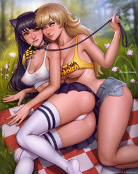 2girls absurdres animal_ears arm_support aroma_sensei artist_name ass bad_id bad_pixiv_id bare_legs bdsm black_collar black_hair blake_belladonna blanket blonde_hair blurry blurry_background blush breasts cleavage collar commentary covered_erect_nipples crop_top cutoffs day denim denim_shorts depth_of_field english_commentary femdom flower forest grass highres leash long_hair looking_at_another lying mechanical_arms medium_breasts midriff miniskirt multiple_girls nature nipple_piercing no_bra no_shoes on_side outdoors panties pantyshot parted_lips piercing pleated_skirt prosthesis prosthetic_arm rwby short_shorts shorts single_mechanical_arm skirt slave tank_top thighhighs underboob underwear watermark web_address white_legwear white_panties yang_xiao_long yuri rating:Questionable score:200 user:danbooru
