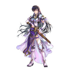  1girl absurdres armor ayra_(fire_emblem) black_hair boots breastplate closed_mouth commentary_request dress earrings fire_emblem fire_emblem:_genealogy_of_the_holy_war fire_emblem_heroes full_body gold_trim high_heel_boots high_heels highres jewelry long_hair looking_at_viewer nintendo official_art pauldrons pelvic_curtain purple_eyes sheath short_sleeves shoulder_armor simple_background smile solo standing suzuki_rika sword thighhighs weapon white_background 