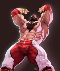  abs absurdres armpits arms_up bara beard body_fur brown_hair bulge facial_hair feet_out_of_frame foreshortening from_below full_beard highres ilovefsushi large_pectorals looking_ahead male_focus mature_male mohawk muscular muscular_male navel nipples pectorals short_hair smile standing stomach street_fighter street_fighter_6 strongman_waist thick_beard thick_chest_hair thick_eyebrows thick_leg_hair thick_thighs thighs topless_male zangief 