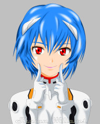 1girl absurdres ayanami_rei blue_hair bodysuit female_focus highres lips neon_genesis_evangelion plugsuit red_eyes short_hair simple_background skin_tight smile solo  rating:Sensitive score:8 user:shaianwillems