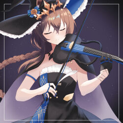  1girl absurdres amiya_(arknights) animal_ears arknights black_cape black_dress black_gloves black_hat blue_bow blue_hat blue_nails bow bow_(music) braid brown_hair cape closed_eyes closed_mouth commentary_request dr.lamina dress ears_through_headwear fingernails frilled_hat frills gloves gradient_cape gradient_clothes grey_cape hair_between_eyes half_gloves hat hat_bow highres holding holding_bow_(music) instrument jewelry light_particles long_hair music nail_polish playing_instrument purple_cape rabbit_ears rabbit_girl ring single_glove smile solo standing strapless strapless_dress two-sided_cape two-sided_fabric two-sided_headwear upper_body violin witch_hat 