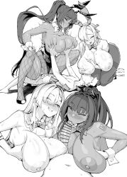  1boy 2girls absurdres animal_ears asuna_(blue_archive) asuna_(bunny)_(blue_archive) bai_linqin bar_censor blue_archive blush bow bowtie breast_sucking breasts censored commentary cum cum_in_pussy detached_collar ejaculation fellatio ffm_threesome fishnet_pantyhose fishnets grabbing grabbing_another&#039;s_breast greyscale group_sex highres huge_breasts karin_(blue_archive) karin_(bunny)_(blue_archive) leotard long_hair monochrome multiple_girls multiple_views nipples number_tattoo oral pantyhose penis playboy_bunny ponytail rabbit_ears simple_background squatting_cowgirl_position sweat symbol-only_commentary tattoo threesome wrist_cuffs 