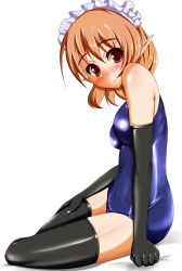 1girl 3: absurdres bad_id bad_pixiv_id black_gloves black_thighhighs blonde_hair blush elbow_gloves frown gloves highres latex latex_gloves latex_legwear maid_headdress mugetsu_(touhou) one-piece_swimsuit pointy_ears red_eyes school_swimsuit shiny_clothes short_hair simple_background solo swimsuit tera_hiroshi thighhighs touhou touhou_(pc-98) white_background rating:Sensitive score:44 user:danbooru