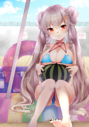  1girl azur_lane barefoot beach beach_towel bikini black_nails blue_bikini braid braided_bun breasts day double_bun food foot_out_of_frame formidable_(azur_lane) formidable_(the_lady_of_the_beach)_(azur_lane) fruit hair_bun highres holding holding_food holding_fruit innertube large_breasts long_hair looking_at_viewer multi-strapped_bikini_top nubechian0528 official_alternate_costume outdoors pole red_eyes single_thighhigh sitting starfish_hair_ornament swim_ring swimsuit thighhighs towel twin_braids very_long_hair watermelon 