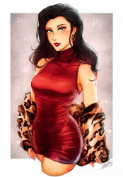 1girl alternate_costume animal_print artist_name asami_sato avatar_legends bare_shoulders black_hair blush border breasts cocktail_dress collarbone commentary cropped_legs curvy dress earrings english_commentary eyeshadow feather_boa female_focus green_eyes grey_background iahfy iahfy_off jacket jewelry leopard_print lipstick long_hair looking_at_viewer makeup medium_breasts neck no_bra nose off_shoulder parted_lips printed_jacket red_dress red_lips short_dress sleeveless sleeveless_dress sleeveless_turtleneck solo sparkle the_legend_of_korra turtleneck turtleneck_dress white_border rating:Sensitive score:12 user:danbooru