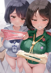 2girls artist_name between_breasts black_hair blush bottomless bow breast_pocket breasts brown_eyes buttons closed_mouth collarbone collared_shirt desk embarrassed female_pubic_hair gao_(gaolukchup) green_shirt grin hair_between_eyes hair_ornament hairclip holding holding_clothes holding_panties holding_underwear id_card indoors large_breasts looking_at_viewer military military_uniform multiple_girls necktie necktie_between_breasts nose_blush original panties patreon_username pin pink_panties pocket presenting_removed_panties pubic_hair pussy_juice_stain sailor_collar school_desk school_uniform scout shirt short_hair short_sleeves shoulder_plates smile smug standing steam stray_pubic_hair underwear uniform watermark white_shirt yellow_panties rating:Explicit score:805 user:danbooru