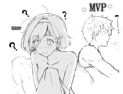  1boy 1girl ? aftersex bed_sheet blush breasts clothed_male_nude_female collarbone commentary_request constricted_pupils djeeta_(granblue_fantasy) dot_nose gran_(granblue_fantasy) granblue_fantasy hairband himukai_kyousuke medium_breasts messy_hair monochrome mvp nervous_smile nude pillow shirt short_hair smile star_(symbol) sweat translation_request upper_body 