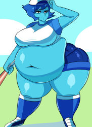  ass baseball baseball_bat baseball_cap big_belly blue_skin breasts colored_skin fat hat highres huge_ass huge_belly hyper_belly lapis_lazuli_(steven_universe) large_breasts navel obese obese_female fat short_hair shorts steven_universe thick_thighs thighs weight_gain wide_hips  rating:Sensitive score:15 user:Arthur2021