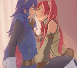  2girls bare_shoulders blue_cape blue_eyes blue_hair cape detached_sleeves fire_emblem fire_emblem_awakening hair_between_eyes hand_on_another&#039;s_face highres imminent_kiss long_hair long_sleeves looking_at_another lucina_(fire_emblem) multiple_girls nintendo pinwheejin red_cape red_eyes red_hair severa_(fire_emblem) sidelocks twintails two-tone_cape unfinished yuri 