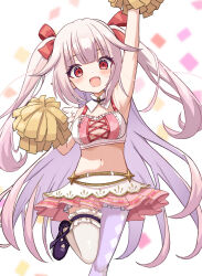  1girl absurdres animal_ears armpits blush breasts cheerleader commentary_request commission filkia heart heart-shaped_pupils highres indie_virtual_youtuber looking_at_viewer mashiro_kanon navel open_mouth pom_pom_(cheerleading) red_eyes skeb_commission small_breasts solo symbol-shaped_pupils tail thighhighs virtual_youtuber white_background white_hair 