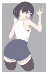  1girl ass bare_shoulders black_hair black_thighhighs border bra bra_peek commentary_request cropped_legs denim denim_shorts flat_color from_behind glasses grey_background ina_(gokihoihoi) looking_at_viewer looking_back multicolored_hair open_mouth original outside_border pocket purple_background purple_bra purple_eyes purple_hair round_eyewear shirt shirt_tucked_in short_hair shorts simple_background sleeveless sleeveless_shirt sleeveless_turtleneck smile solo streaked_hair thighhighs turtleneck underwear white_border white_shirt  rating:Sensitive score:31 user:danbooru