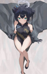 1girl absurdres alternate_eye_color bare_legs bare_shoulders black_footwear black_gloves black_hair blue_archive butterfly_hair_ornament china_dress chinese_clothes coat double_bun dragon_print dress from_above gloves green_eyes hair_bun hair_ornament halo higashiwun_izumi highres kisaki_(blue_archive) long_hair looking_at_viewer looking_up off_shoulder pelvic_curtain print_dress shoes side_slit sitting solo thighs trench_coat twintails rating:Sensitive score:25 user:danbooru