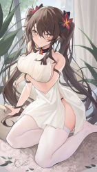  1girl alternate_breast_size alternate_costume arm_support arm_under_breasts armlet bangle bare_shoulders black_choker black_panties black_ribbon bracelet breast_hold breasts brown_hair catsmoon choker closed_mouth curtains dress flower flower-shaped_pupils genshin_impact hair_between_eyes hair_flower hair_ornament hair_ribbon highres hu_tao_(genshin_impact) indoors jewelry large_breasts leaf long_hair looking_at_viewer no_shoes panties panty_straps plant plum_blossoms red_eyes red_flower ribbon side_slit sideboob sidelocks sitting sleeveless sleeveless_dress smile solo symbol-shaped_pupils thighhighs twintails underwear very_long_hair white_dress white_thighhighs window yokozuwari  rating:Sensitive score:57 user:danbooru