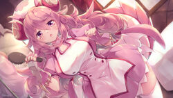  absurdres breasts cowboy_shot dragon_girl dragon_horns dragon_tail dress duel_monster fingerless_gloves gloves hat highres holding holding_brush horns indoors kanzakietc large_breasts large_pectorals long_hair mirror nurse_cap nurse_dragonmaid pectorals pink_dress pink_gloves pink_hair reflection tail thighhighs white_thighhighs window yu-gi-oh! 
