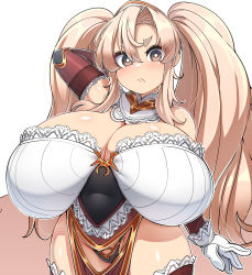  1girl :&lt; absurdres arm_behind_head blonde_hair blush boots breasts brown_eyes cleavage closed_mouth cowboy_shot curvy detached_collar dwarf dwarf_princess_(konoshige) elbow_gloves frown gloves groin hair_over_shoulder highres huge_breasts konoshige_(ryuun) lace long_hair looking_at_viewer original panties pelvic_curtain shiny_skin shortstack sidelocks skindentation solo standing thick_eyebrows thick_thighs thigh_boots thighhighs thighs twintails underwear very_long_hair wide_hips  rating:Questionable score:75 user:DarkToonLink