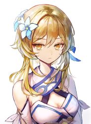  1girl armpit_crease bare_shoulders blonde_hair breasts cleavage closed_mouth commentary_request detached_sleeves double-parted_bangs dress feather_hair_ornament feathers flower genshin_impact glaring hair_between_eyes hair_flower hair_intakes hair_ornament hair_over_shoulder halterneck highres jitome light_frown looking_at_viewer lumine_(genshin_impact) medium_breasts narrowed_eyes pipi ringed_eyes short_hair_with_long_locks sidelocks simple_background sleeveless sleeveless_dress solo thick_eyelashes upper_body white_background white_dress white_flower yellow_eyes 