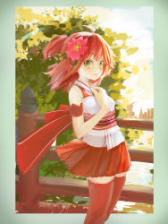  1girl absurdres ahoge bare_shoulders belt belt_buckle buckle cherry_blossom_print cherry_blossoms cowboy_shot fence floral_print flower frown gain_er green_eyes hair_ornament hand_on_own_chest highres hololive leaf looking_at_viewer miniskirt nontraditional_miko outdoors outside_border pink_hair ponytail red_hair sakura_miko sakura_miko_(old_design) skirt solo standing thighhighs thighs virtual_youtuber zettai_ryouiki 