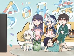  2boys 3girls :t ahoge arm_support barefoot black_hair blue_eyes blue_hair bottle brown_eyes brown_hair chibi closed_eyes closed_mouth cross-shaped_pupils cup drinking eating elbow_rest food furina_(genshin_impact) genshin_impact green_hair grey_hair hair_between_eyes hand_on_own_cheek hand_on_own_face head_rest highres holding holding_bottle holding_cup indoors jacket knees_up long_hair long_sleeves looking_at_object lying motion_lines multicolored_hair multiple_boys multiple_girls nahida_(genshin_impact) nightgown on_side open_mouth pajamas pants parted_bangs popcorn purple_eyes purple_hair raiden_shogun short_hair side_ponytail sitting slime_(genshin_impact) symbol-shaped_pupils television track_jacket track_pants track_suit two-tone_hair venti_(genshin_impact) watching_television white_hair xinzoruo yae_miko yae_miko_(fox) zhongli_(genshin_impact)  rating:General score:14 user:danbooru