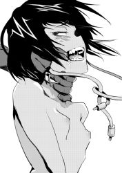 10s 1girl absurdres asphyxiation black_hair blunt_bangs blush boku_no_hero_academia breasts choker completely_nude earplugs fang from_side greyscale half-closed_eyes highres jirou_kyouka kidmukuro monochrome naughty_face nipples nude offscreen_person open_mouth saliva short_hair simple_background small_breasts smile solo_focus strangling sweatdrop teeth upper_body white_background rating:Questionable score:98 user:danbooru